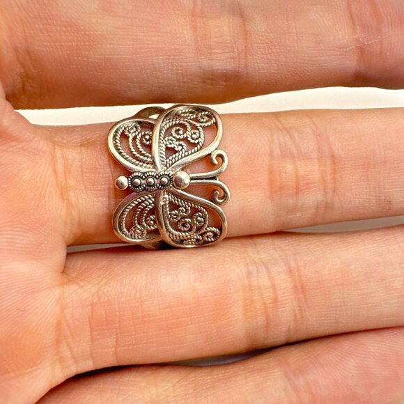 VTG Sterling Silver 925 Butterfly Filigree Design Statement RIng Size 9 - Picture 8 of 12